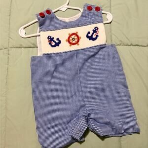 Remember Nguyen Blue Seersucker Nautical Jon Jon 3M Anchors Smocked